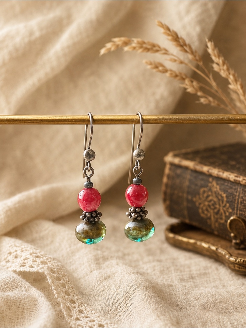 Artisan Boho Red Green Beaded Dangle Earrings Rustic Bronze Tone